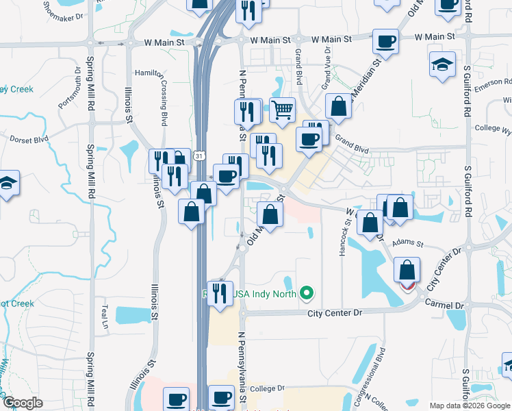 map of restaurants, bars, coffee shops, grocery stores, and more near 12346 Old Meridian Street in Carmel