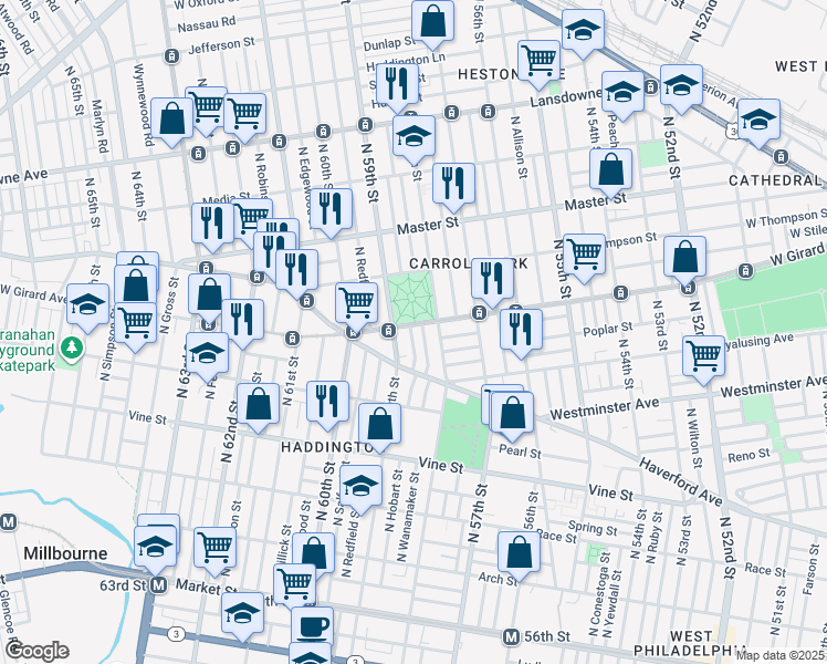 map of restaurants, bars, coffee shops, grocery stores, and more near 5826 West Girard Avenue in Philadelphia