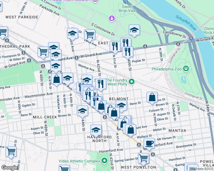 map of restaurants, bars, coffee shops, grocery stores, and more near 890 North Holly Street in Philadelphia