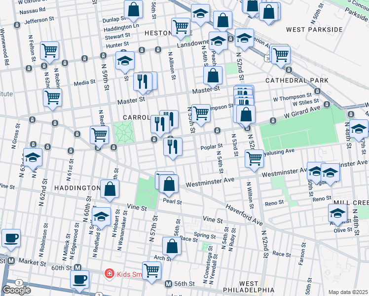 map of restaurants, bars, coffee shops, grocery stores, and more near 5508 West Girard Avenue in Philadelphia