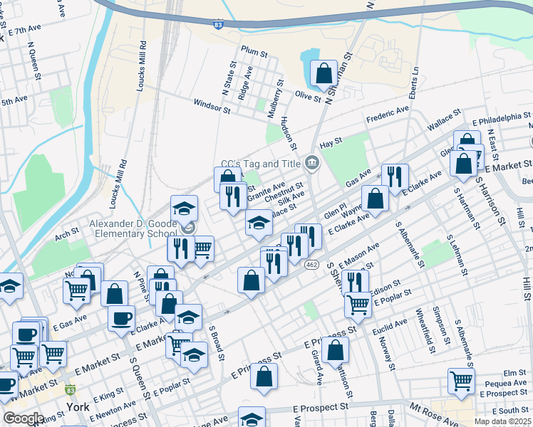 map of restaurants, bars, coffee shops, grocery stores, and more near 675 Wallace Street in York