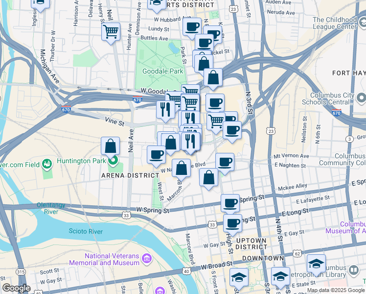 map of restaurants, bars, coffee shops, grocery stores, and more near 423 North Front Street in Columbus