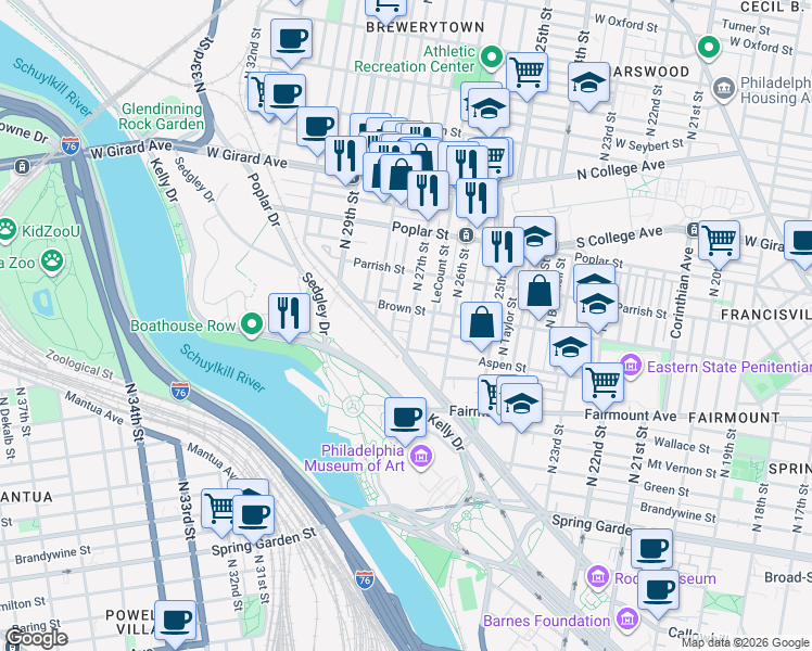 map of restaurants, bars, coffee shops, grocery stores, and more near 780 North 27th Street in Philadelphia
