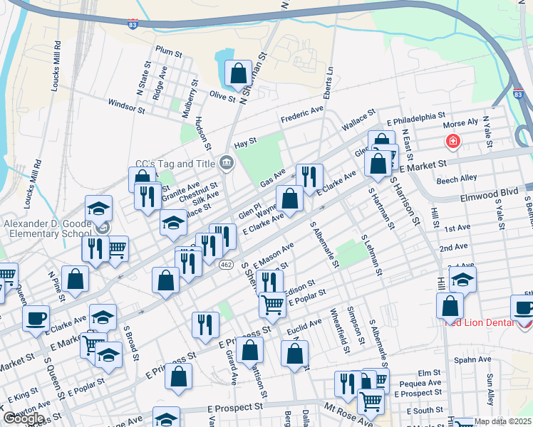 map of restaurants, bars, coffee shops, grocery stores, and more near 44 North Tremont Street in York