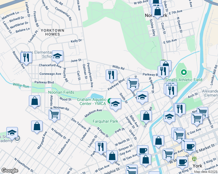 map of restaurants, bars, coffee shops, grocery stores, and more near 325 Parkway Boulevard in York