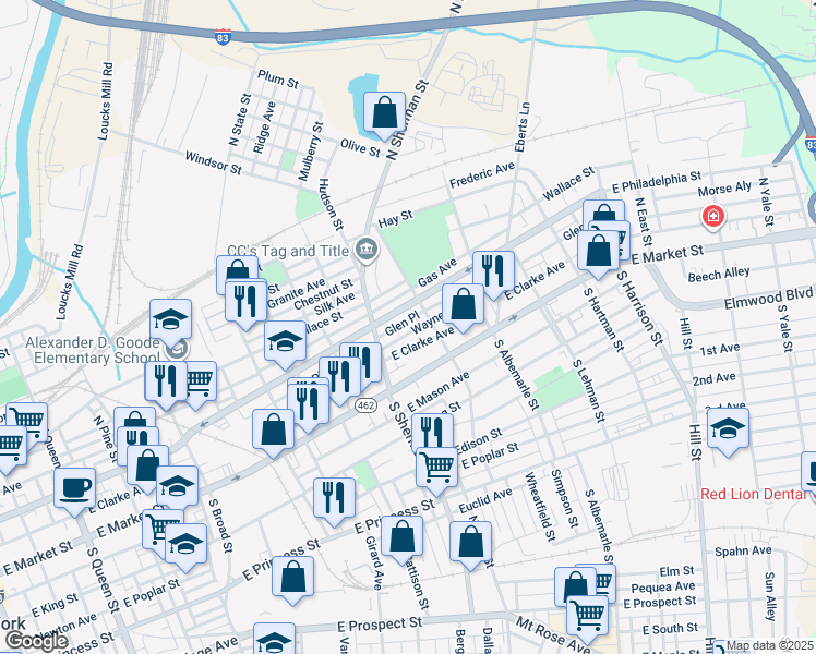 map of restaurants, bars, coffee shops, grocery stores, and more near 841 Wayne Avenue in York