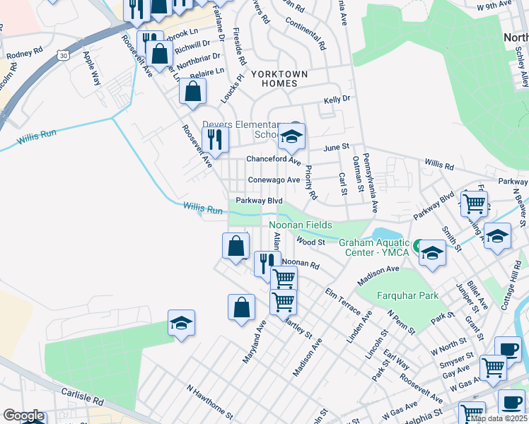 map of restaurants, bars, coffee shops, grocery stores, and more near 625 Pacific Avenue in York