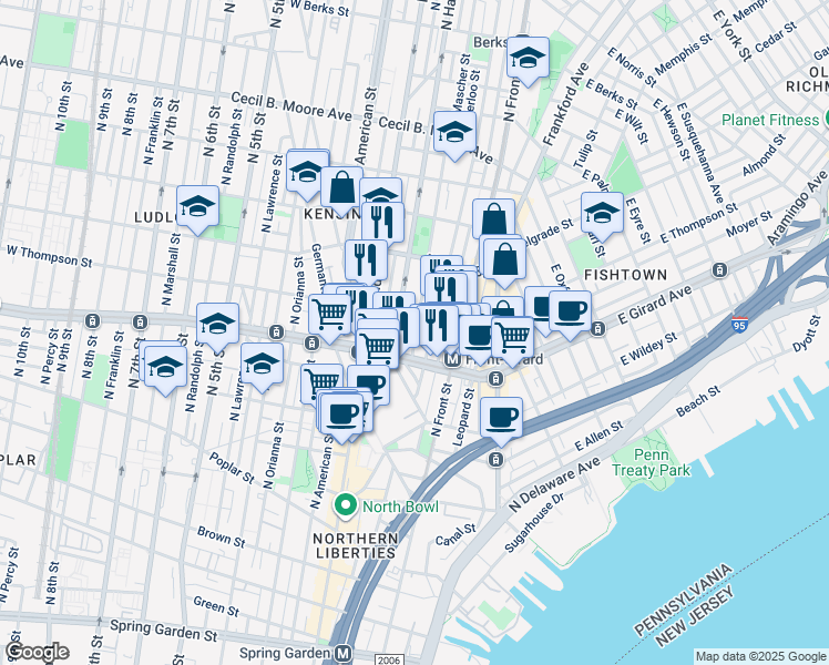 map of restaurants, bars, coffee shops, grocery stores, and more near 1232 North Mascher Street in Philadelphia