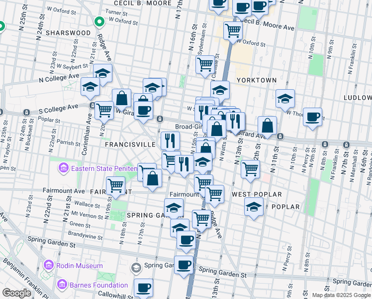 map of restaurants, bars, coffee shops, grocery stores, and more near 1515 Poplar Street in Philadelphia