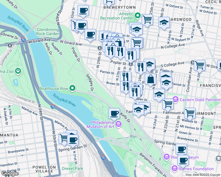 map of restaurants, bars, coffee shops, grocery stores, and more near Pennock Street in Philadelphia