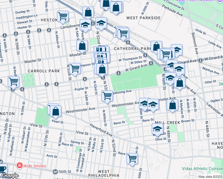 map of restaurants, bars, coffee shops, grocery stores, and more near 619 North Creighton Street in Philadelphia