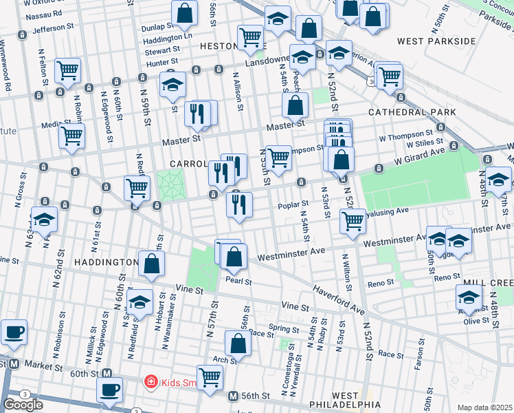 map of restaurants, bars, coffee shops, grocery stores, and more near 5527 Poplar Street in Philadelphia