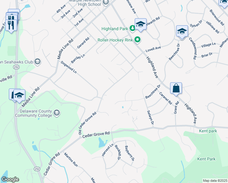 map of restaurants, bars, coffee shops, grocery stores, and more near 2715 Old Cedar Grove Road in Broomall