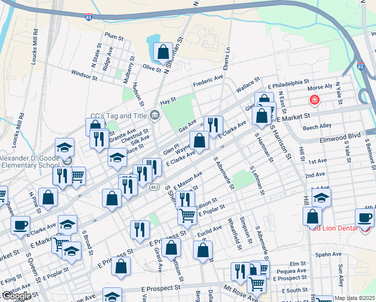 map of restaurants, bars, coffee shops, grocery stores, and more near 35 North Tremont Street in York
