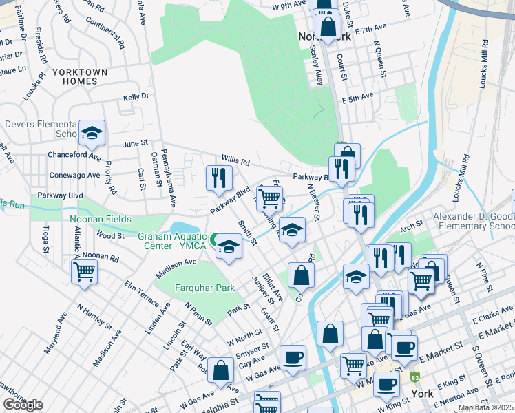 map of restaurants, bars, coffee shops, grocery stores, and more near 630 North Pershing Avenue in York