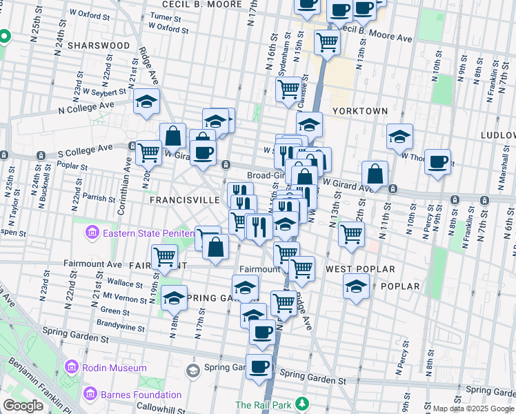 map of restaurants, bars, coffee shops, grocery stores, and more near 1527 Ogden Street in Philadelphia