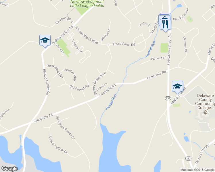 map of restaurants, bars, coffee shops, grocery stores, and more near 10 Laurel Lane in Newtown Square