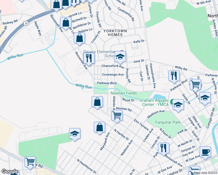 map of restaurants, bars, coffee shops, grocery stores, and more near 625 Pacific Avenue in York