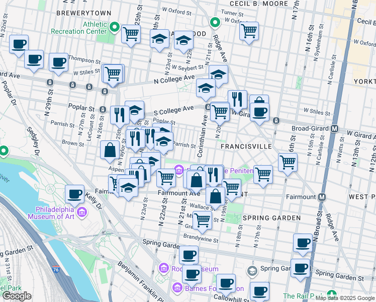 map of restaurants, bars, coffee shops, grocery stores, and more near 846 North 21st Street in Philadelphia