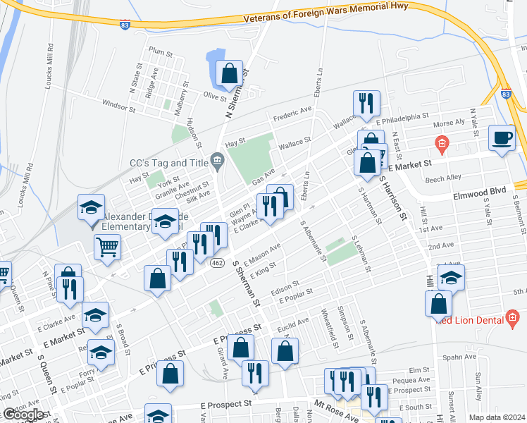 map of restaurants, bars, coffee shops, grocery stores, and more near 35 North Tremont Street in York