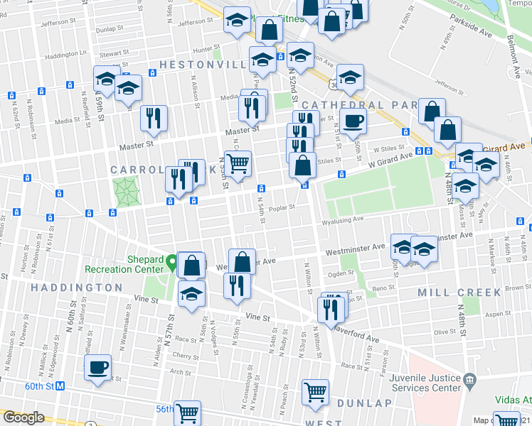 map of restaurants, bars, coffee shops, grocery stores, and more near 633 North 54th Street in Philadelphia