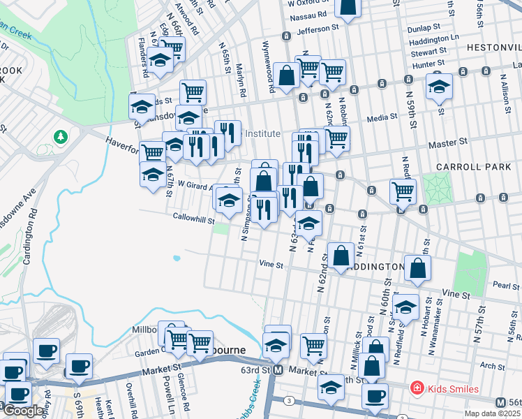 map of restaurants, bars, coffee shops, grocery stores, and more near 436 North 64th Street in Philadelphia