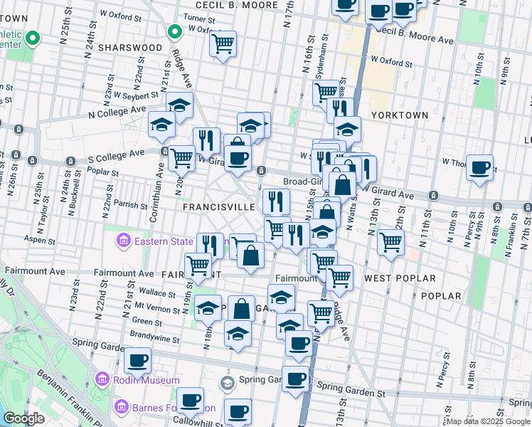 map of restaurants, bars, coffee shops, grocery stores, and more near 1606 Poplar Street in Philadelphia