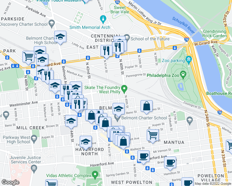 map of restaurants, bars, coffee shops, grocery stores, and more near 874 North Preston Street in Philadelphia