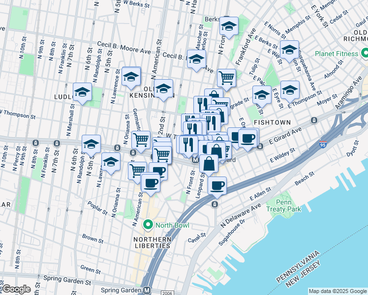 map of restaurants, bars, coffee shops, grocery stores, and more near 1236 North Howard Street in Philadelphia