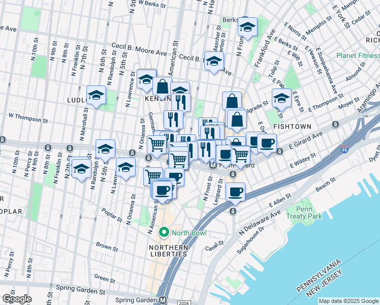 map of restaurants, bars, coffee shops, grocery stores, and more near 1225 North Hancock Street in Philadelphia
