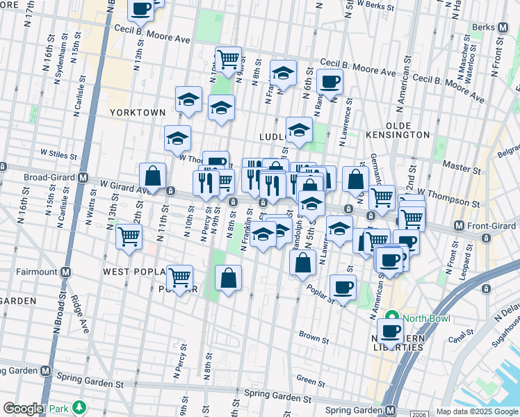 map of restaurants, bars, coffee shops, grocery stores, and more near 1008 North 7th Street in Philadelphia