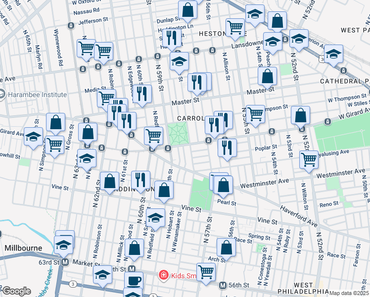 map of restaurants, bars, coffee shops, grocery stores, and more near 561 North Wanamaker Street in Philadelphia