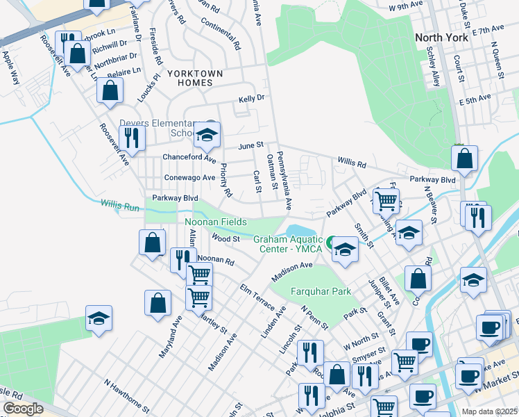 map of restaurants, bars, coffee shops, grocery stores, and more near 734 Priority Road in York
