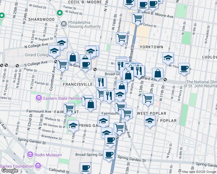 map of restaurants, bars, coffee shops, grocery stores, and more near 1527 Ogden Street in Philadelphia