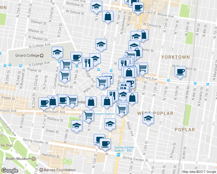 map of restaurants, bars, coffee shops, grocery stores, and more near 849 North 16th Street in Philadelphia