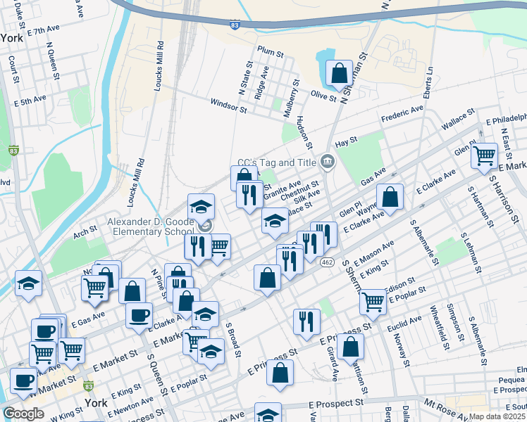 map of restaurants, bars, coffee shops, grocery stores, and more near 626 Chestnut Street in York