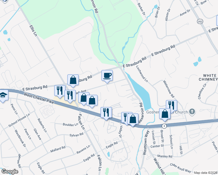 map of restaurants, bars, coffee shops, grocery stores, and more near 1335 Park Avenue in West Chester