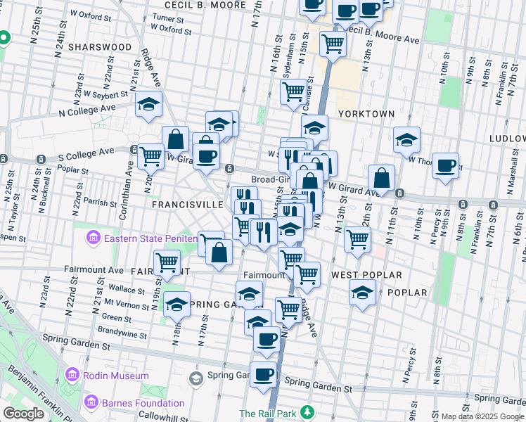 map of restaurants, bars, coffee shops, grocery stores, and more near 1527 Ogden Street in Philadelphia
