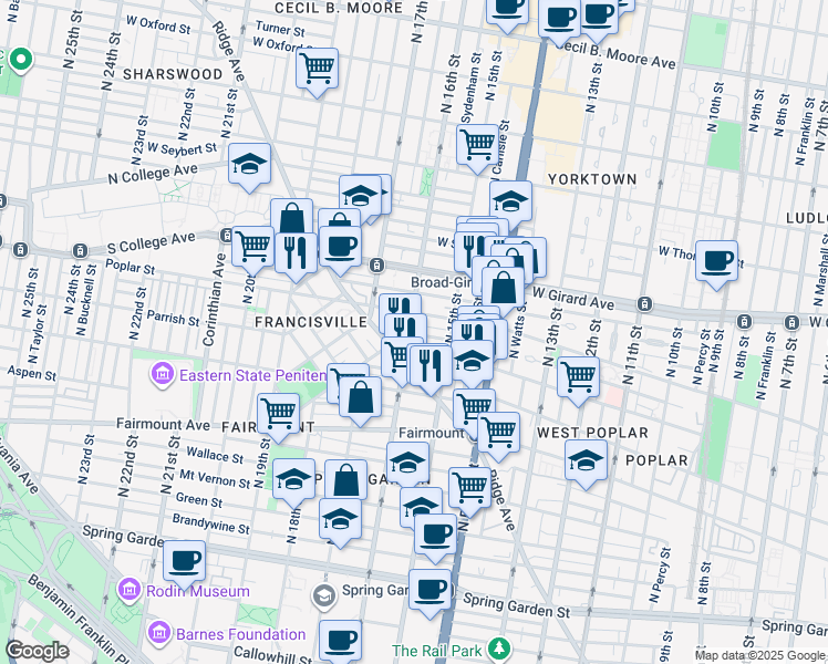 map of restaurants, bars, coffee shops, grocery stores, and more near 849 North 16th Street in Philadelphia