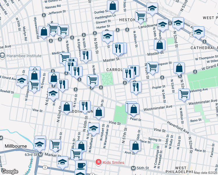 map of restaurants, bars, coffee shops, grocery stores, and more near 5818 West Girard Avenue in Philadelphia