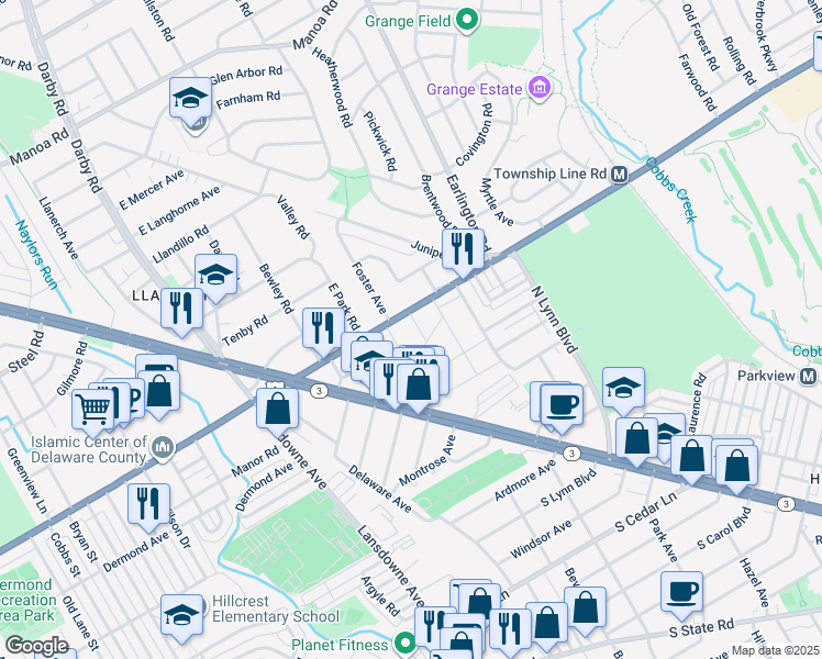 map of restaurants, bars, coffee shops, grocery stores, and more near 134 Cunningham Avenue in Delaware County