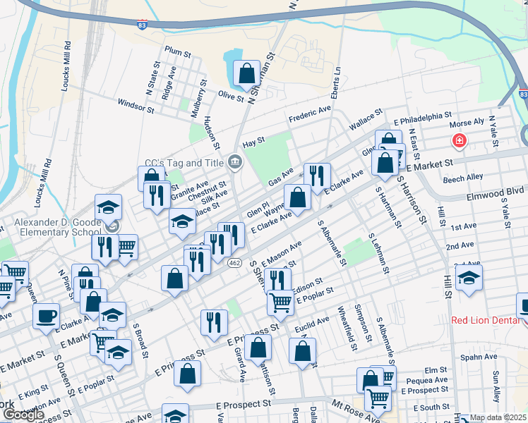 map of restaurants, bars, coffee shops, grocery stores, and more near 849 Wayne Avenue in York