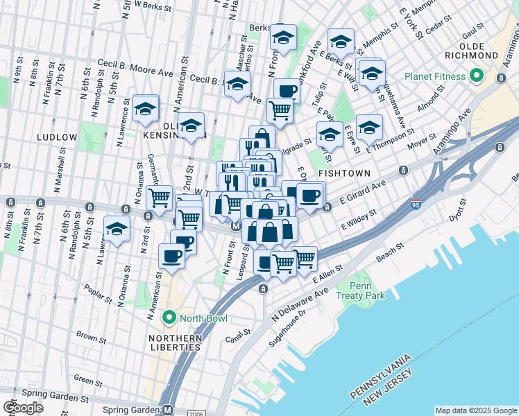 map of restaurants, bars, coffee shops, grocery stores, and more near 1244 Frankford Avenue in Philadelphia