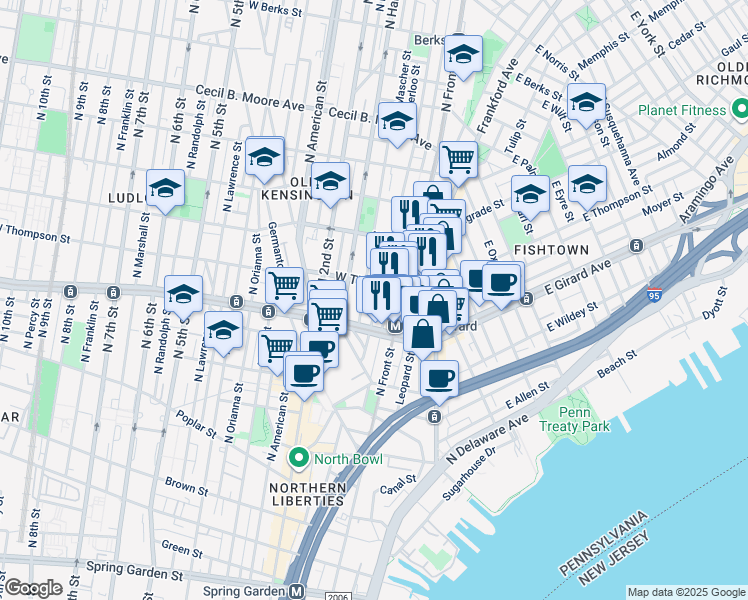 map of restaurants, bars, coffee shops, grocery stores, and more near 1236 North Howard Street in Philadelphia