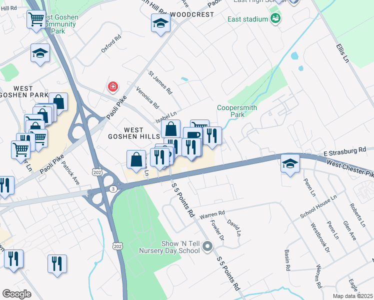 map of restaurants, bars, coffee shops, grocery stores, and more near 1105 West Chester Pike in West Chester