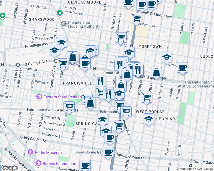 map of restaurants, bars, coffee shops, grocery stores, and more near 1533 Ogden Street in Philadelphia