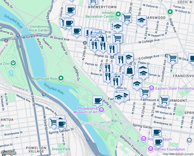 map of restaurants, bars, coffee shops, grocery stores, and more near 2708 Swain Street in Philadelphia