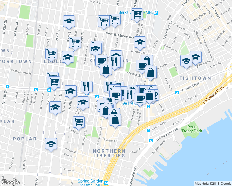 map of restaurants, bars, coffee shops, grocery stores, and more near 1222 North Palethorp Street in Philadelphia