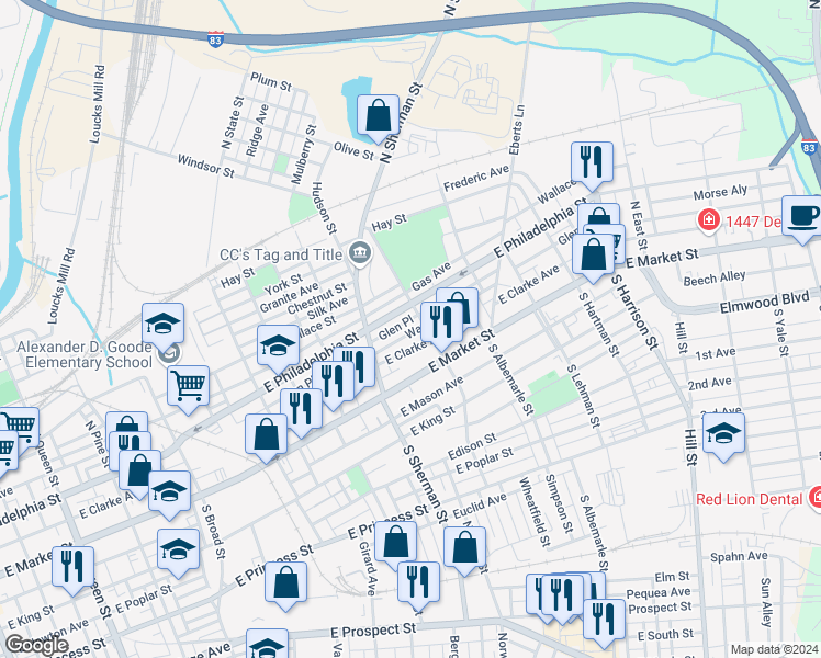 map of restaurants, bars, coffee shops, grocery stores, and more near 857 Wayne Avenue in York