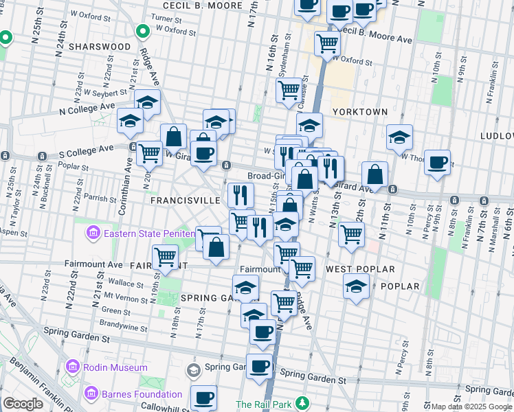 map of restaurants, bars, coffee shops, grocery stores, and more near 1515 Poplar Street in Philadelphia